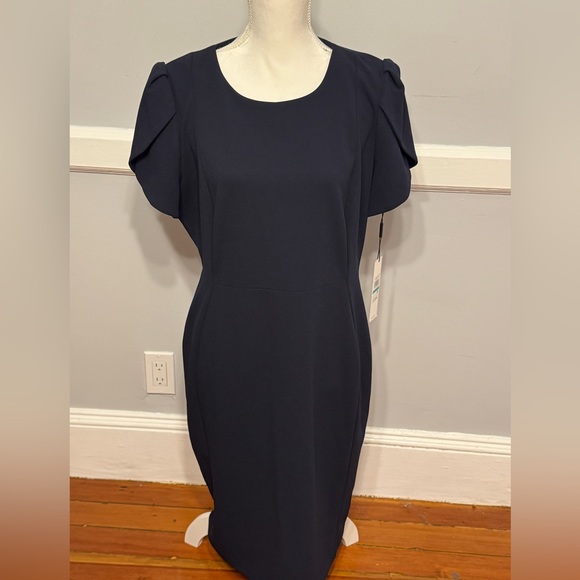 Calvin Klein Navy Blue Indigo Business Office Knee-Length Tulip-Sleeve Dress - Picture 2 of 8